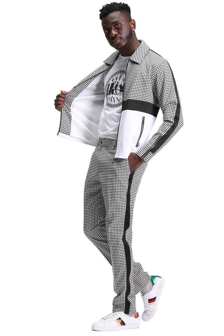 Men's Tazio Black Houndstooth Suit Jacket & Pants Set: Stylish Casual Walking Wear - Elegant Mensattire