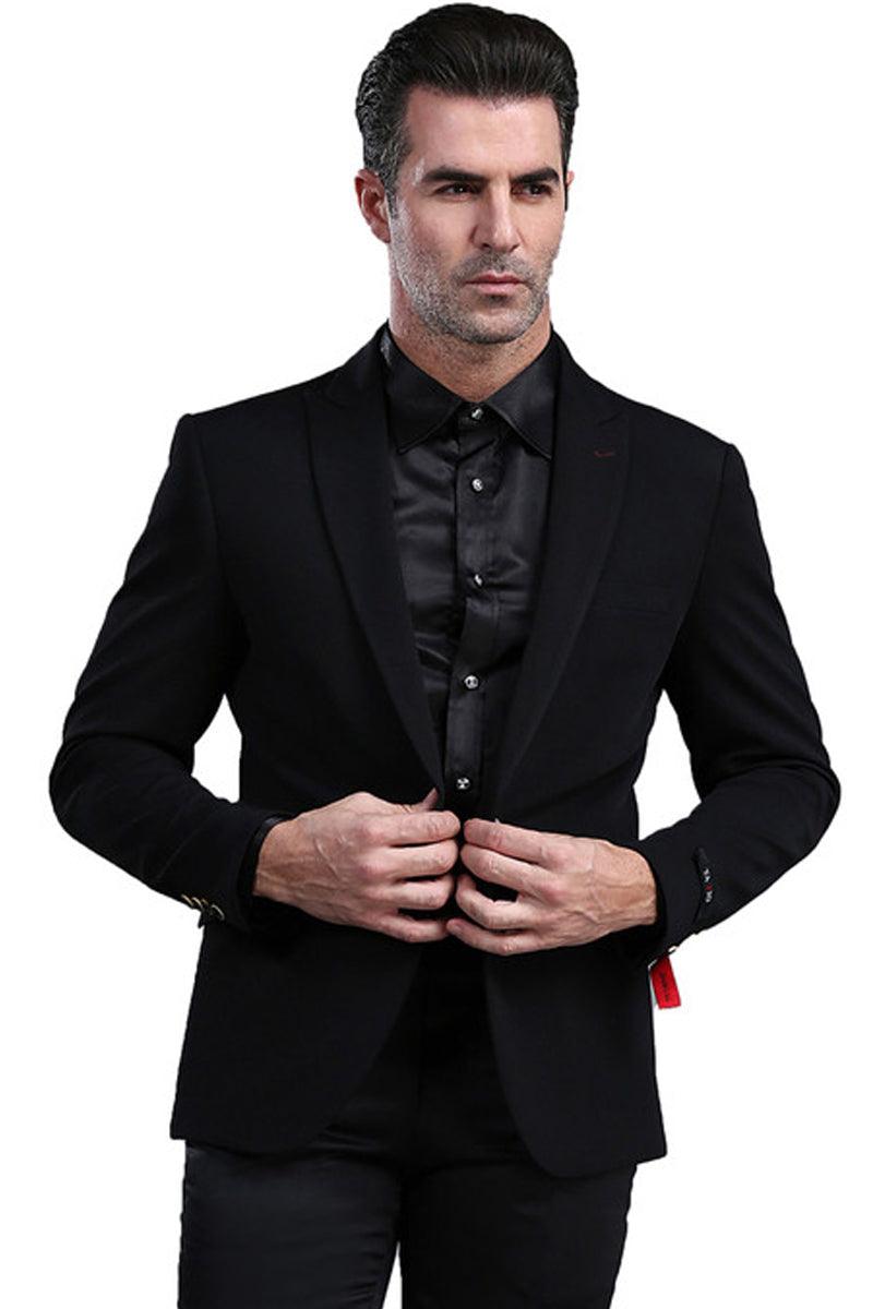 Men's Tazio Black Peak Lapel Skinny Fit One Button Blazer - Elegant Mensattire