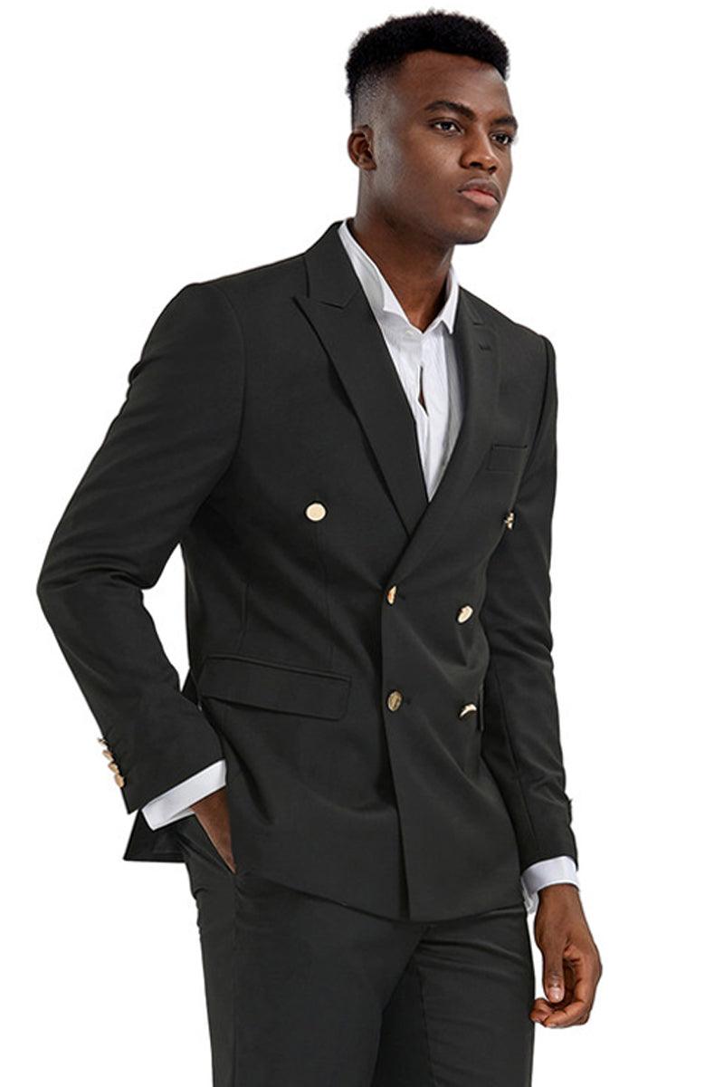 Men's Tazio Black Slim Fit Double-Breasted Wedding Suit w/ Gold Buttons - Elegant Mensattire