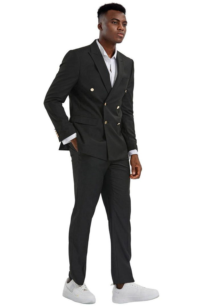 Men's Tazio Black Slim Fit Double-Breasted Wedding Suit w/ Gold Buttons - Elegant Mensattire