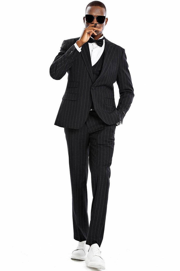 Men's Tazio Bold Gangster Pinstripe Suit w/ Wide Peak Lapel & One-Button Vest, Black - Elegant Mensattire