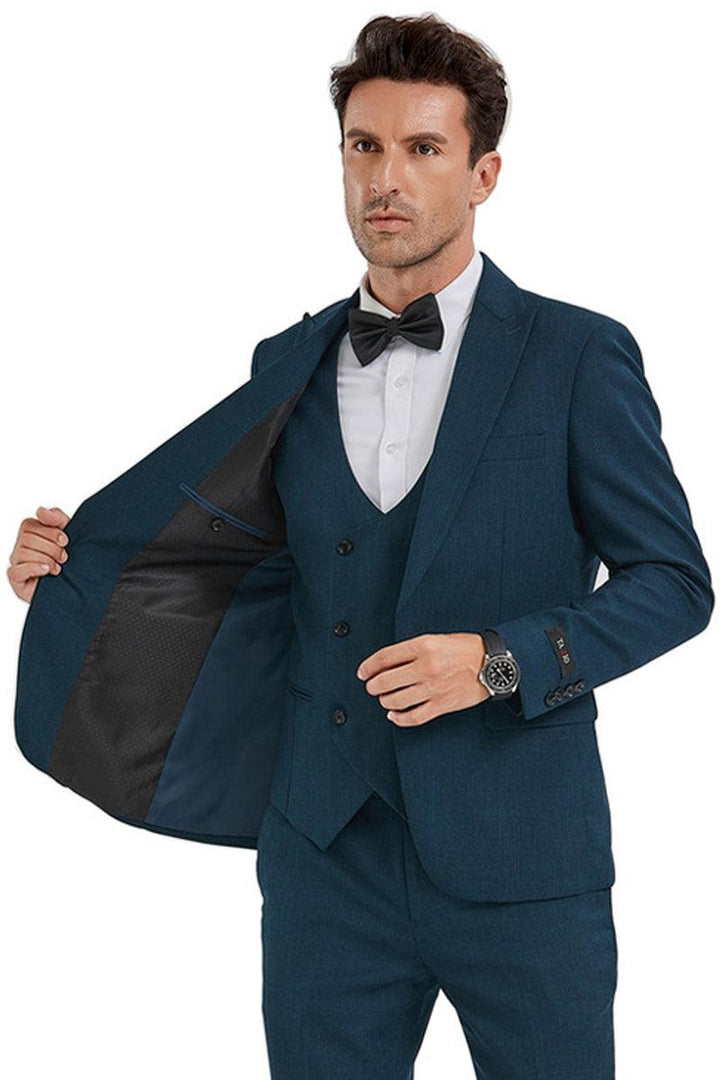 Men's Tazio Dark Teal Sharkskin Slim Suit w/ Peak Lapel, One Button & Double-Breasted Vest - Elegant Mensattire