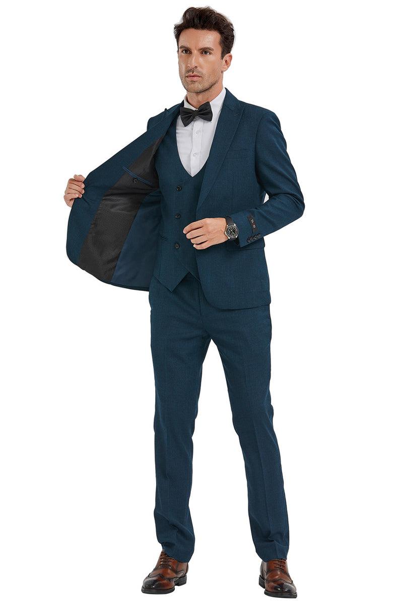 Men's Tazio Dark Teal Sharkskin Slim Suit w/ Peak Lapel, One Button & Double-Breasted Vest - Elegant Mensattire