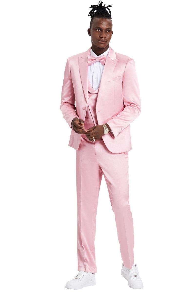 Men's Tazio Dusty Rose Satin Sharkskin One-Button Prom & Wedding Suit - Elegant Mensattire