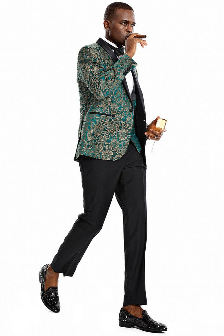 Men's Tazio Green & Gold Paisley Vested Prom/Wedding Shawl Tuxedo w/One Button - Elegant Mensattire