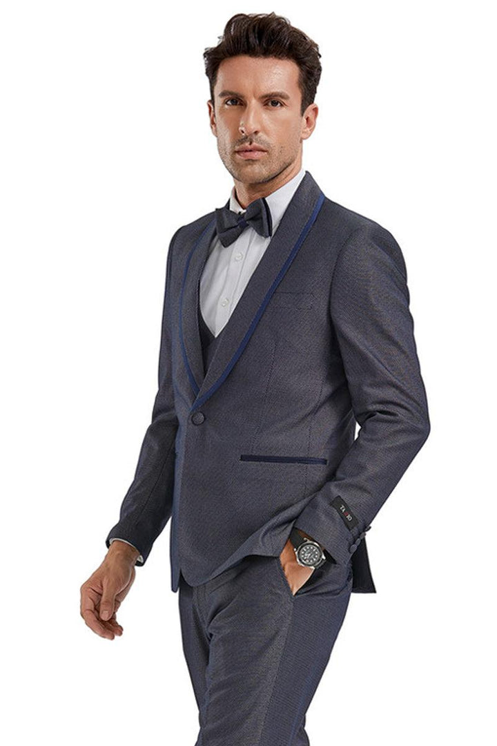 Men's Tazio Grey Birdseye Tuxedo with Blue Shawl Collar & Vest Trim - Elegant Mensattire