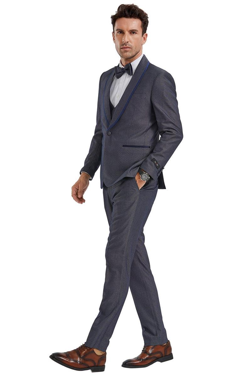 Men's Tazio Grey Birdseye Tuxedo with Blue Shawl Collar & Vest Trim - Elegant Mensattire