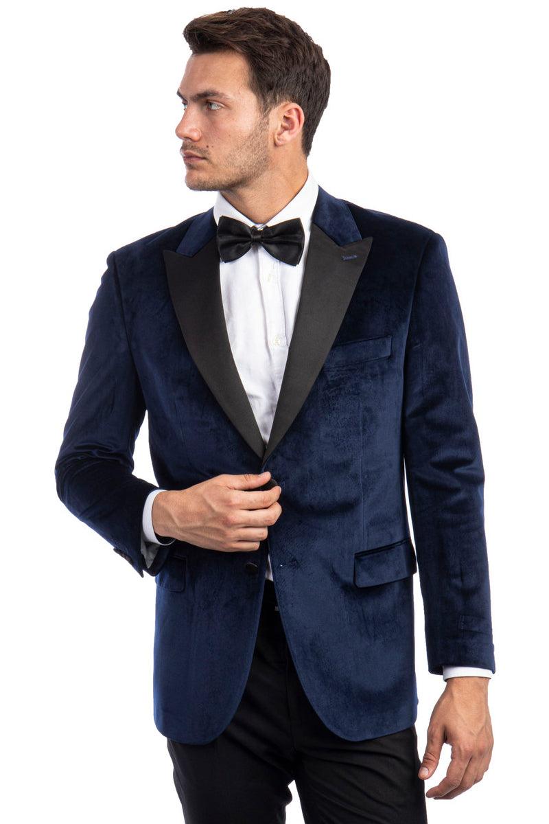 Men's Tazio Navy Blue Velvet 2-Button Peak Lapel Tuxedo Jacket for Weddings & Proms - Elegant Mensattire