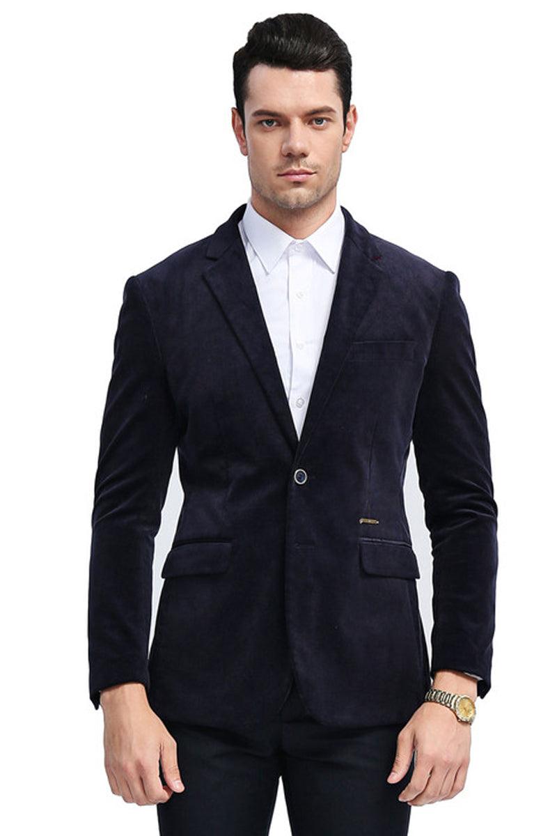 Men's Tazio Navy Blue Velvet Slim Fit Jacket: Classy Two-Button Style - Elegant Mensattire