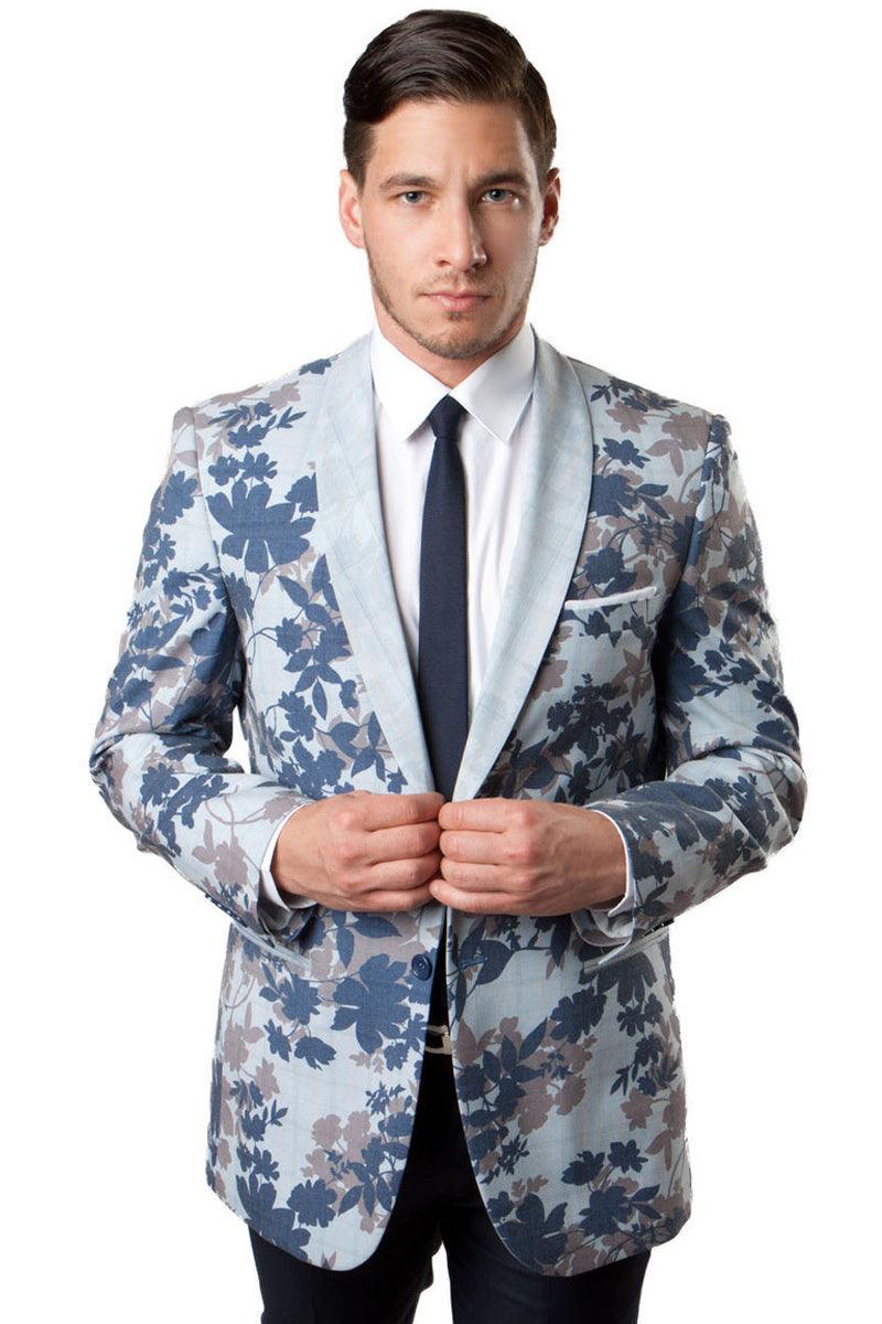 Men's Tazio One-Button Blue & Silver Floral Camo Tuxedo - Elegant Mensattire