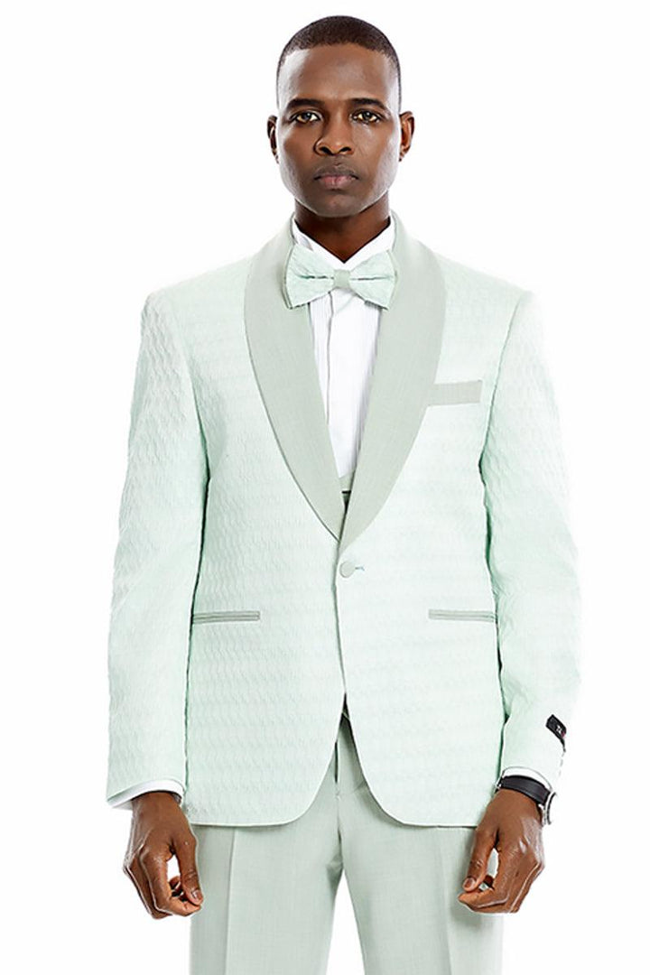 Men's Tazio One-Button Vested Honeycomb Lace Design Mint Green Wedding & Prom Tuxedo - Elegant Mensattire