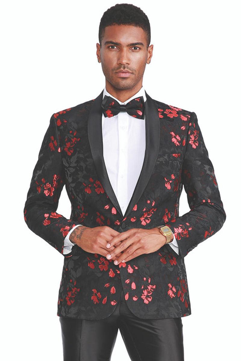 Men's Tazio Paisley Slim Fit Tuxedo Jacket: Black & Red. - Elegant Mensattire