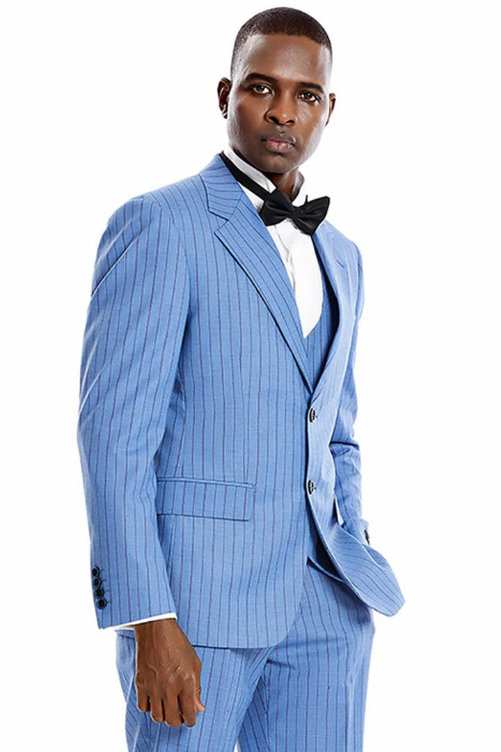 Men's Tazio Pinstripe Vested Suit w/ Wide Notch Lapel & 2 Buttons - Smoke Blue - Elegant Mensattire