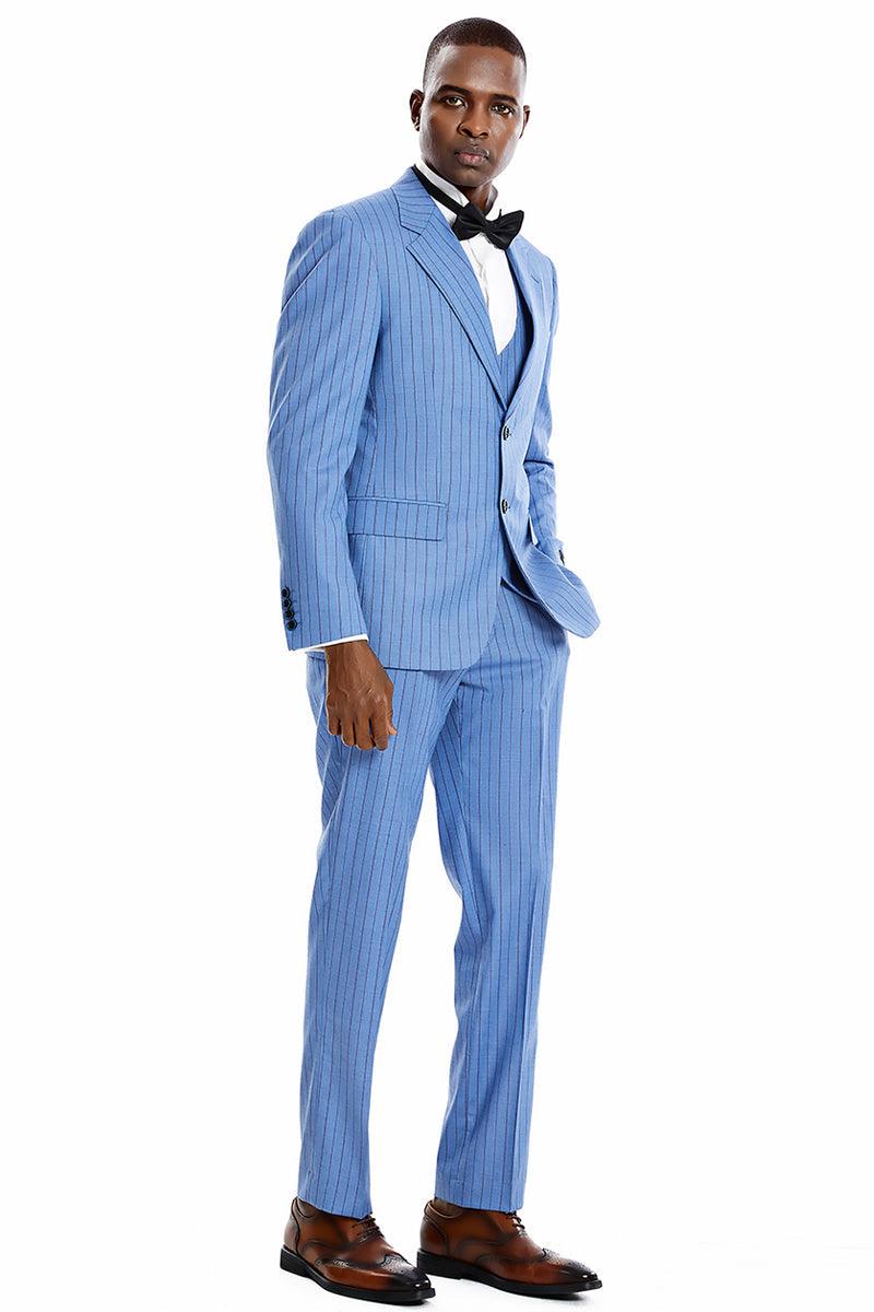 Men's Tazio Pinstripe Vested Suit w/ Wide Notch Lapel & 2 Buttons - Smoke Blue - Elegant Mensattire