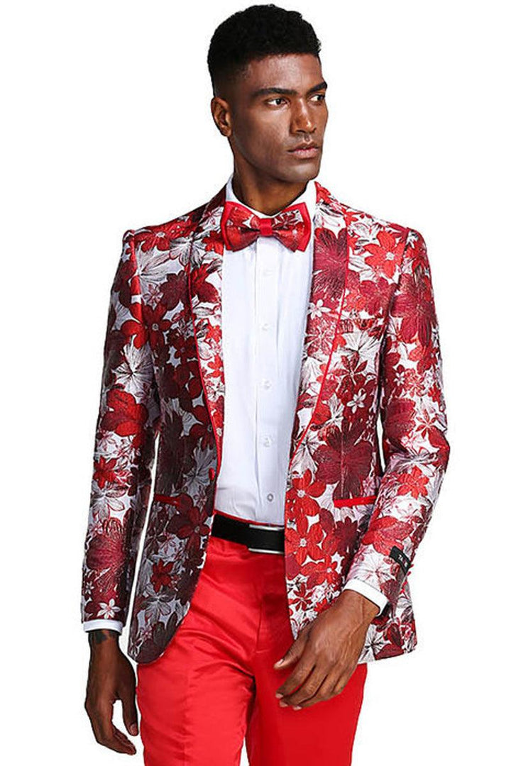 Men's Tazio Red & Silver Paisley Slim Fit Prom Tuxedo Jacket - Elegant Mensattire