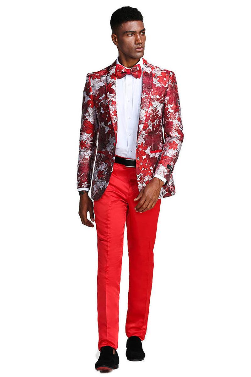 Men's Tazio Red & Silver Paisley Slim Fit Prom Tuxedo Jacket - Elegant Mensattire