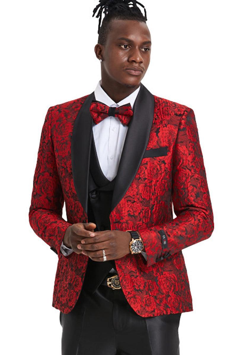 Men's Tazio Red Paisley Floral One Button Prom Tuxedo - Slim Fit & Shiny - Elegant Mensattire