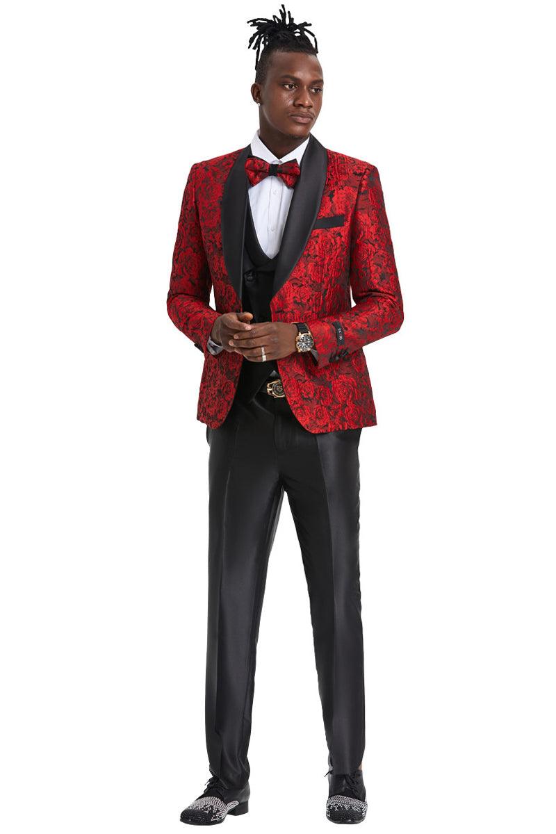 Men's Tazio Red Paisley Floral One Button Prom Tuxedo - Slim Fit & Shiny - Elegant Mensattire