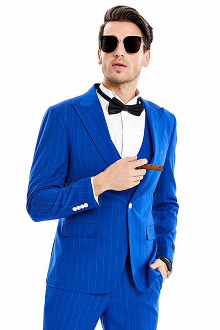 Men's Tazio Royal Blue Gangster Vested Suit: Wide Peak Lapel, Pinstripe, 1-Button - Elegant Mensattire