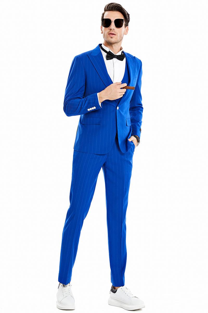 Men's Tazio Royal Blue Gangster Vested Suit: Wide Peak Lapel, Pinstripe, 1-Button - Elegant Mensattire