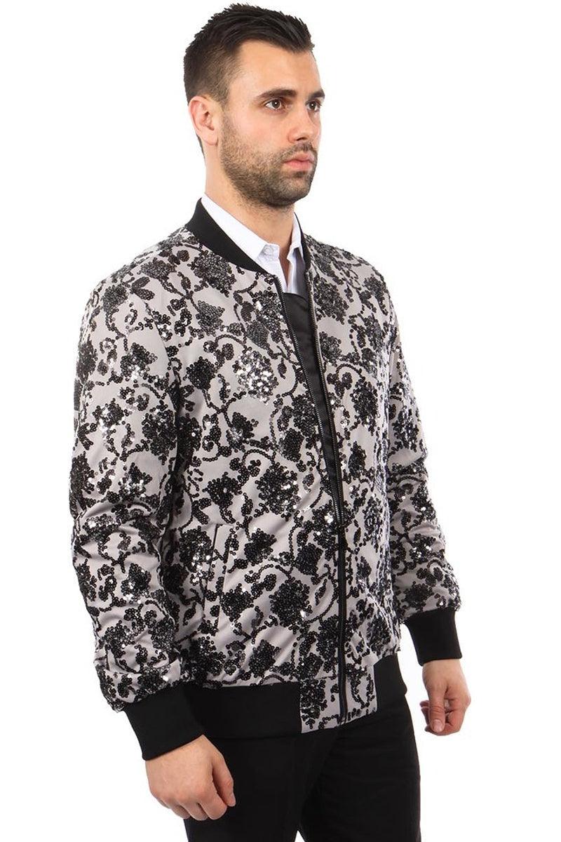 Men's Tazio Sequin Paisley Bomber Jacket, Grey & Black - Elegant Mensattire