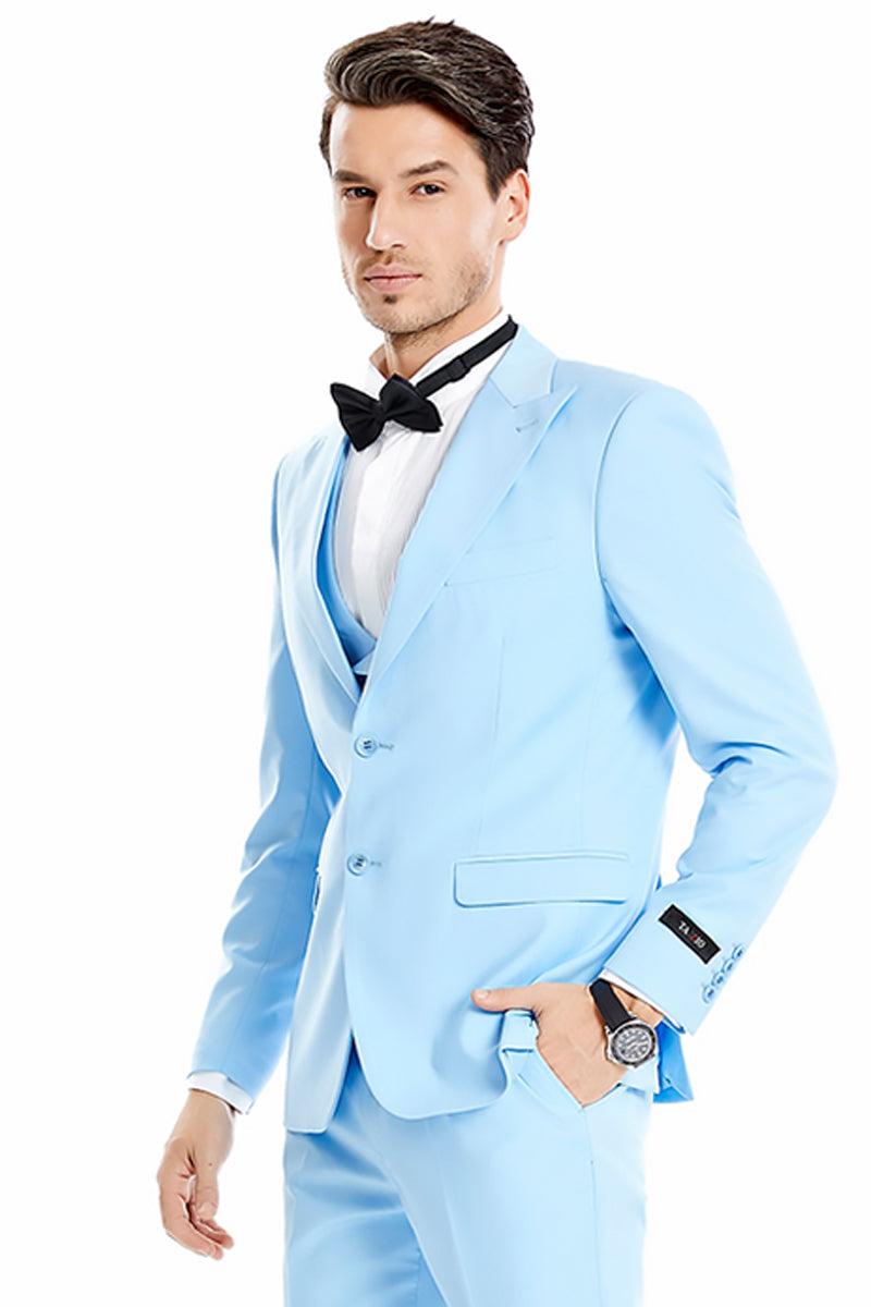 Men's Tazio Sky Blue 2-Button Wedding & Prom Vested Suit w/Peak Lapel - Elegant Mensattire