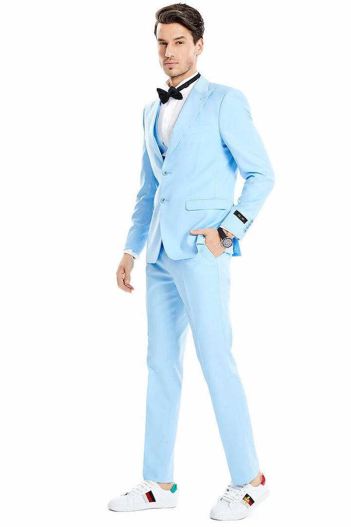 Men's Tazio Sky Blue 2-Button Wedding & Prom Vested Suit w/Peak Lapel - Elegant Mensattire