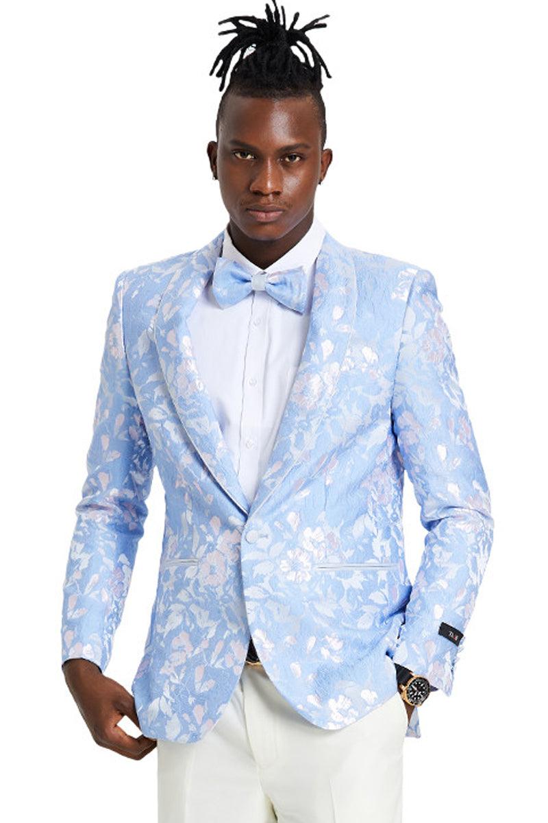 Men's Tazio Sky Blue & Silver Paisley Foil Jacket - Slim Fit Prom & Wedding Blazer - Elegant Mensattire