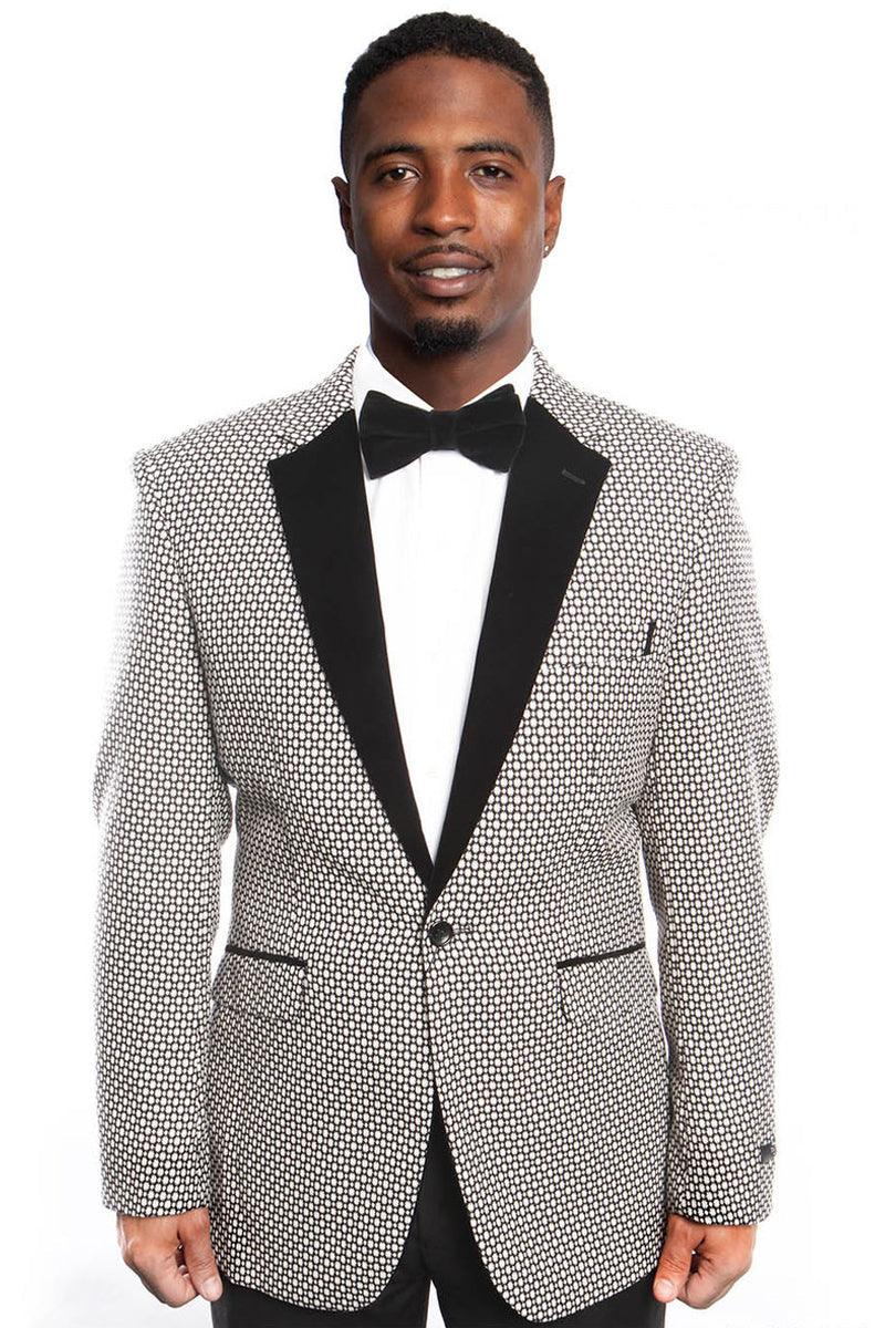 Men's Tazio Slim Fit Black & White Birdseye Blazer w/Black Velvet Lapel - Elegant Mensattire