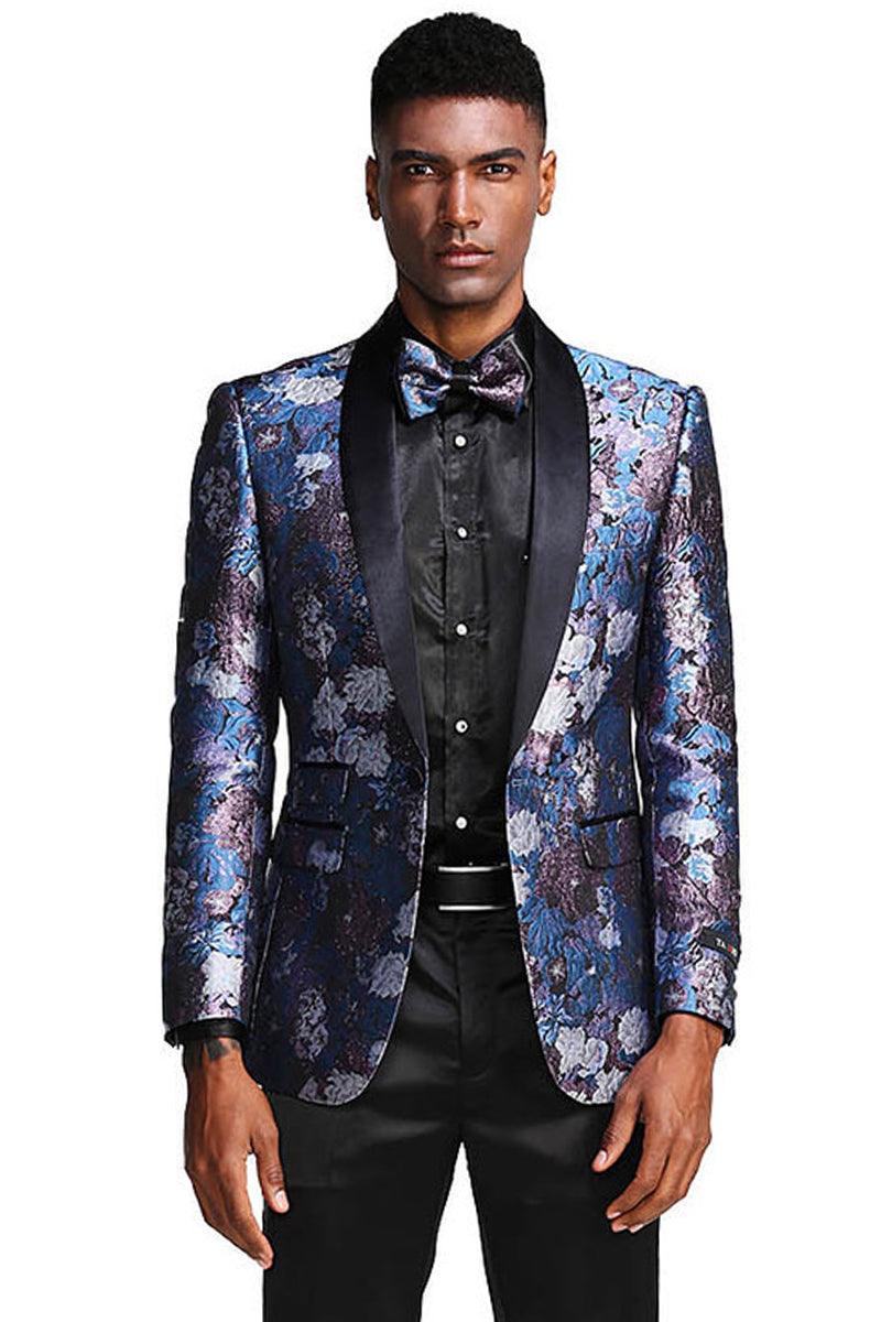 Men's Tazio Slim Fit Paisley & Floral Shawl Lapel Blue Roses Silver Prom Tuxedo - Elegant Mensattire