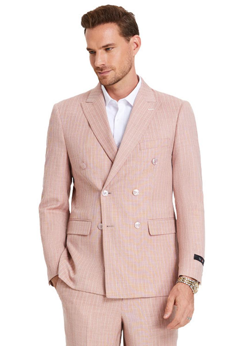 Men's Tazio Slim Rose Pink Pinstripe Summer Suit | Double-Breasted Fit - Elegant Mensattire