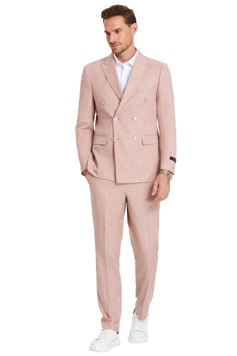 Men's Tazio Slim Rose Pink Pinstripe Summer Suit | Double-Breasted Fit - Elegant Mensattire