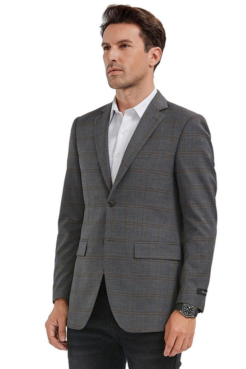 Men's Tazio Sport Coat Blazer: Slim Fit 2 Button Grey & Tan Windowpane Plaid - Elegant Mensattire