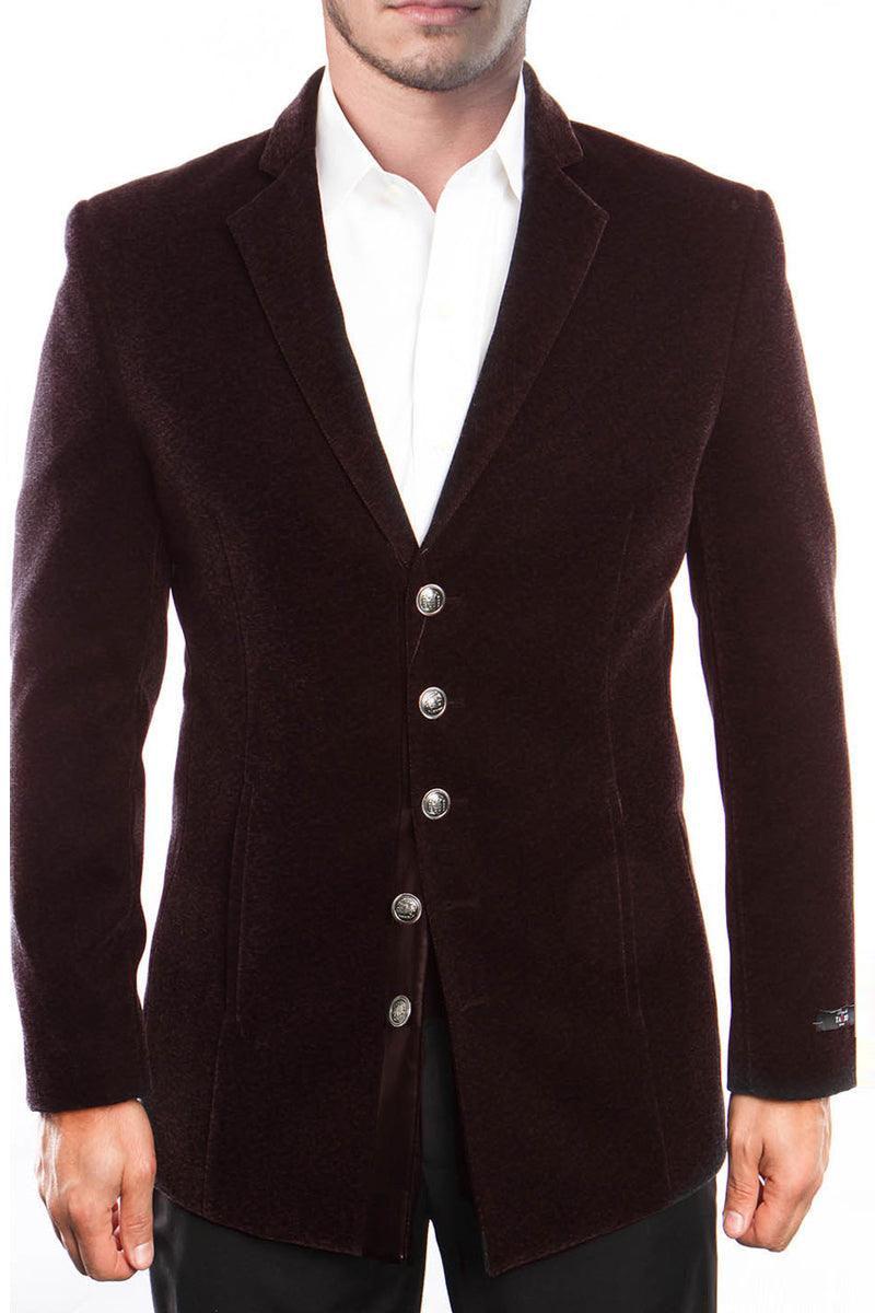 Men's Tazio Velvet 5-Button Vintage Burgundy Coat - Elegant Mensattire