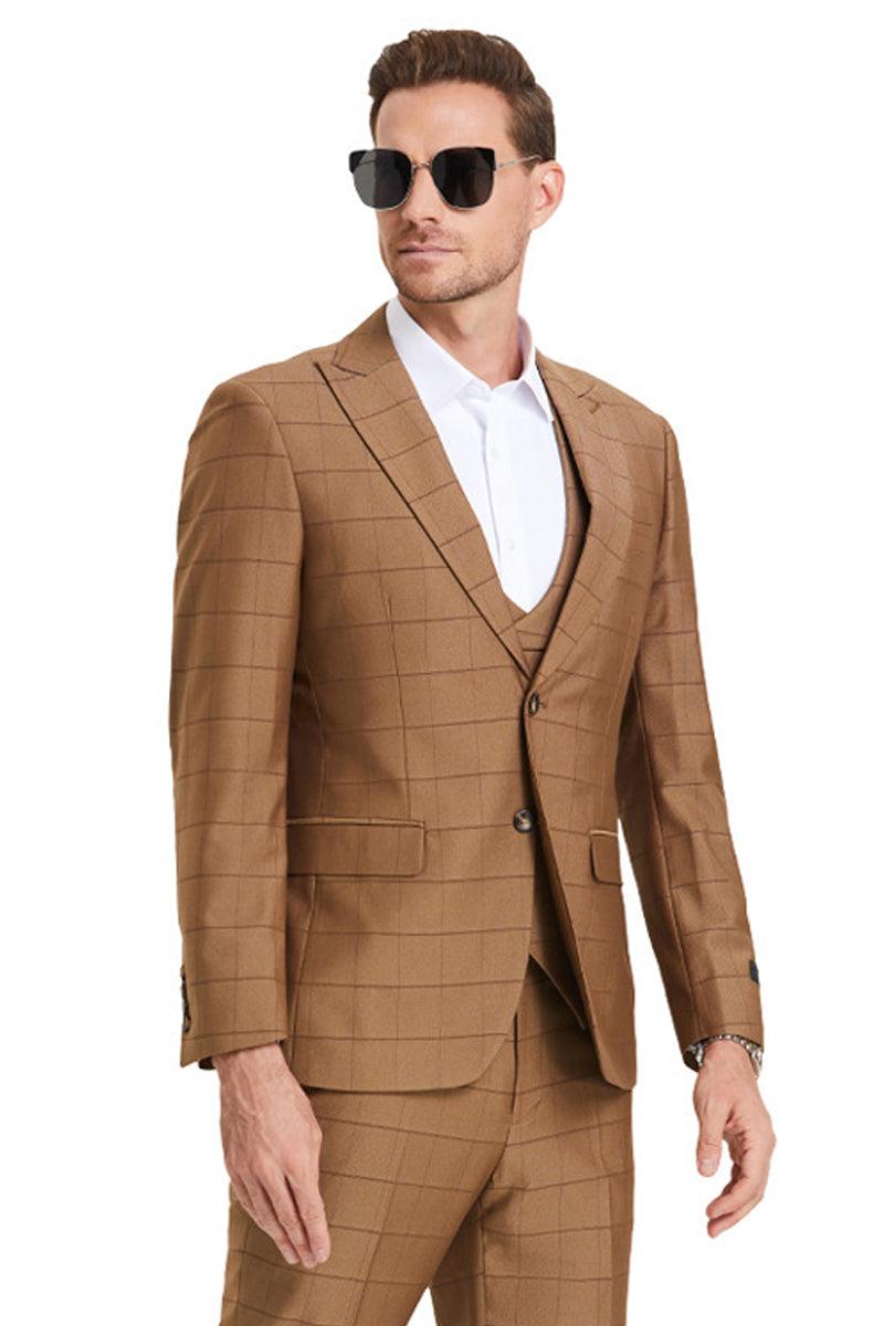 Men's Tazio Vested Peak Lapel Sharkskin Suit in Camel Windowpane Plaid - Elegant Mensattire