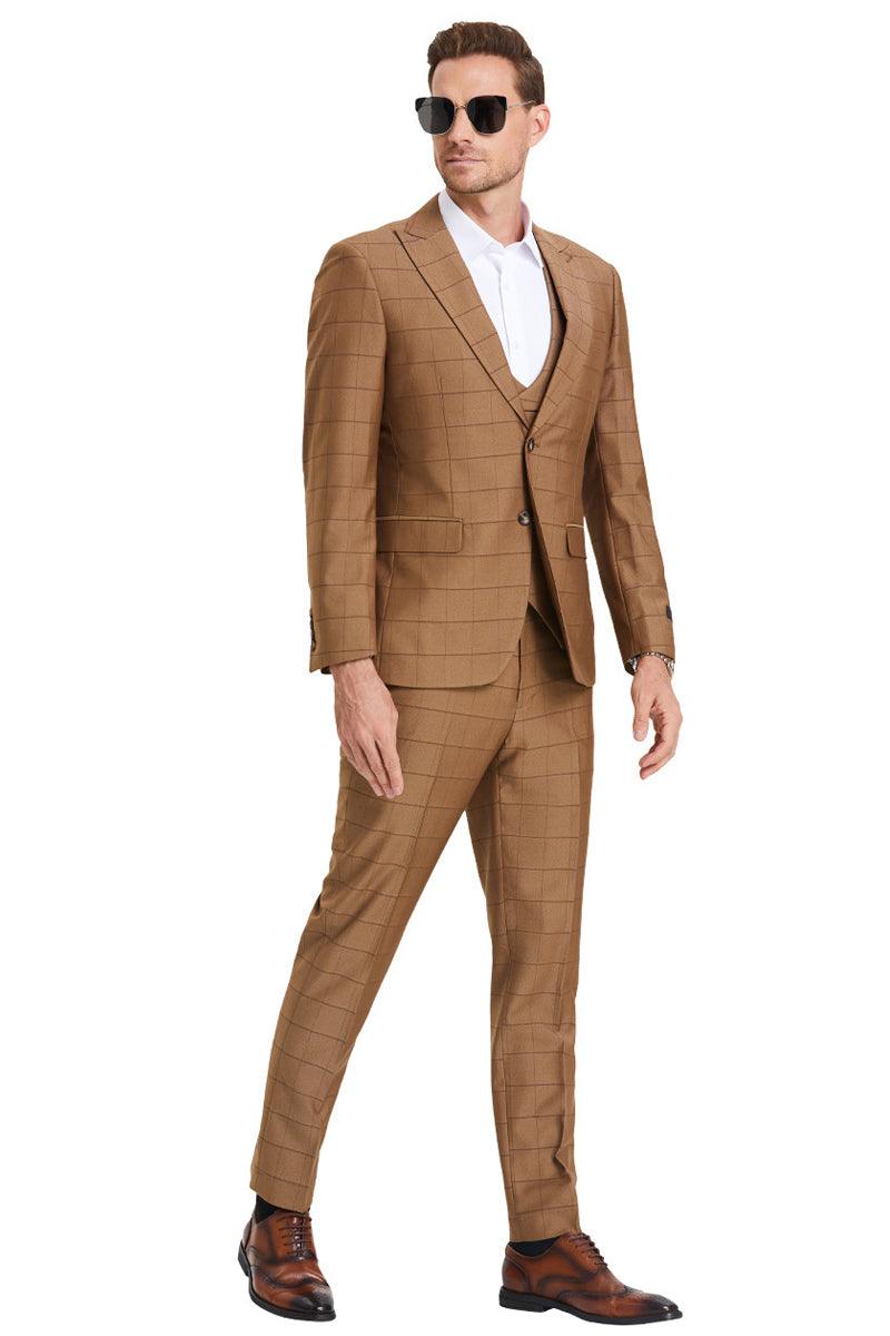 Men's Tazio Vested Peak Lapel Sharkskin Suit in Camel Windowpane Plaid - Elegant Mensattire