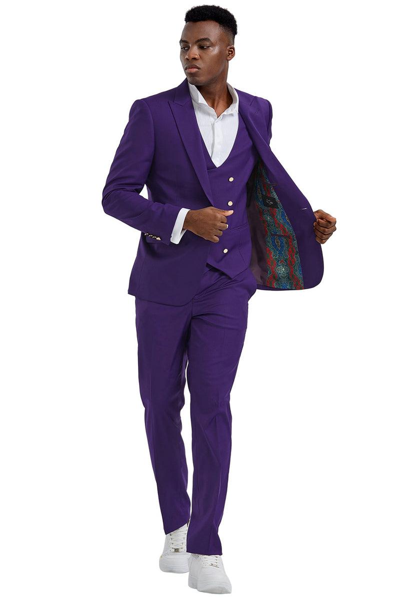 Men's Tazio Vested Purple Peak Lapel Suit w/ Gold Buttons - Elegant Mensattire