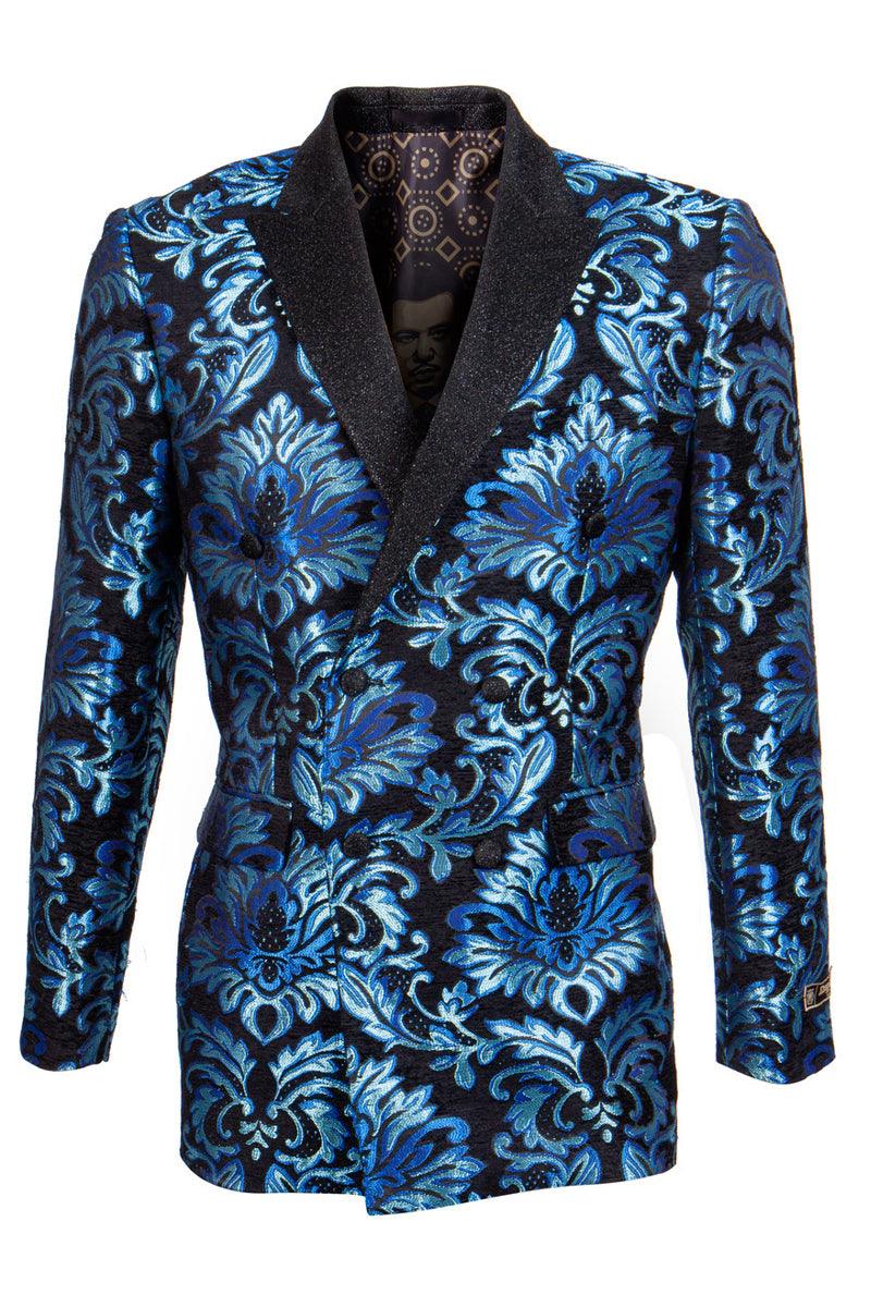 Men's Turquoise Brocade Tux Jacket: Empire Shiny Shimmer Floral - Elegant Mensattire