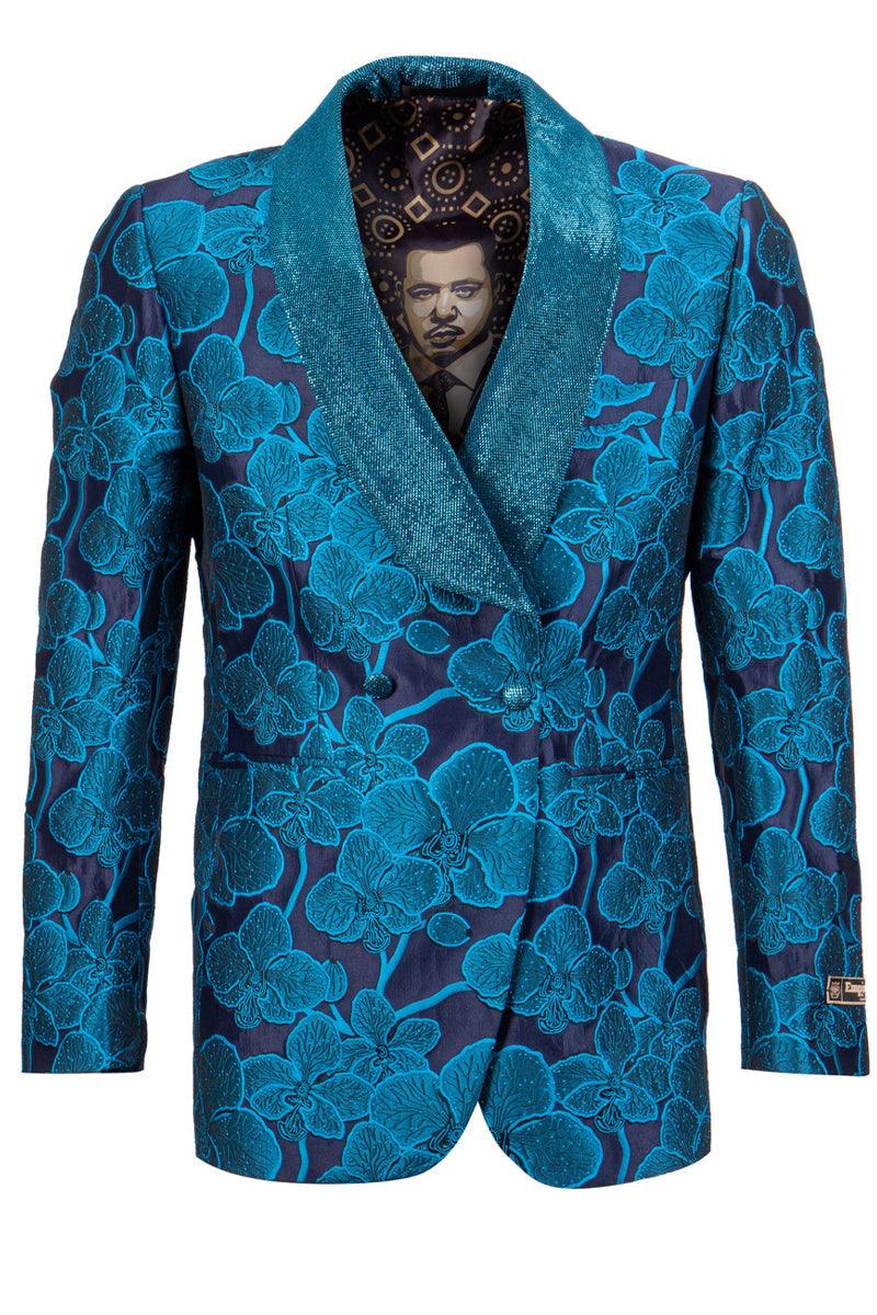 Men's Turquoise Tuxedo Jacket | Embroidered Floral Double Breasted | Empire - Elegant Mensattire