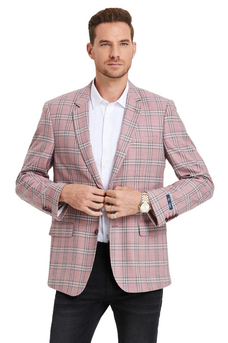 Men's Two-Button Rose Pink Windowpane Sport Coat by Tazio - Elegant Mensattire