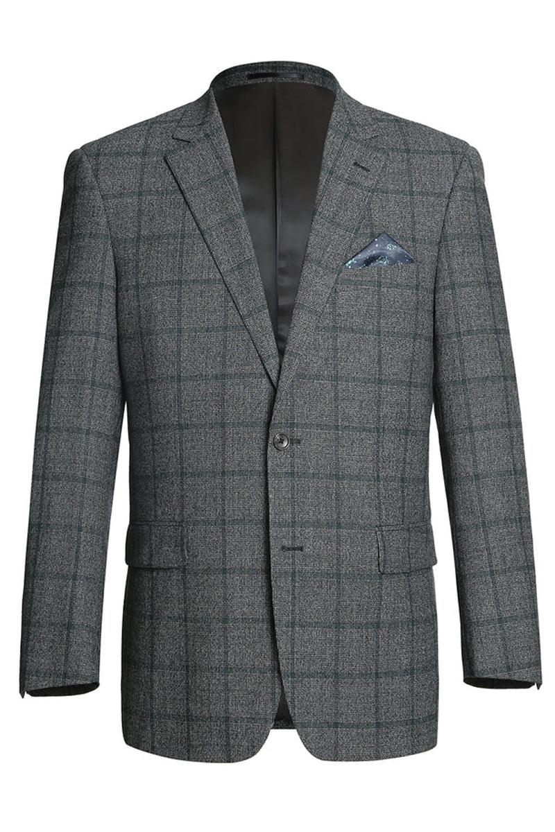 Men's Two-Button Wool Blazer - Classic Fit Brown & Olive Windowpane Plaid - Renoir - Elegant Mensattire