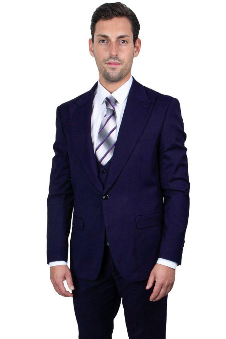 "Men's Vested One-Button Peak Lapel Navy Blue Suit by Stacy Adams" - Elegant Mensattire