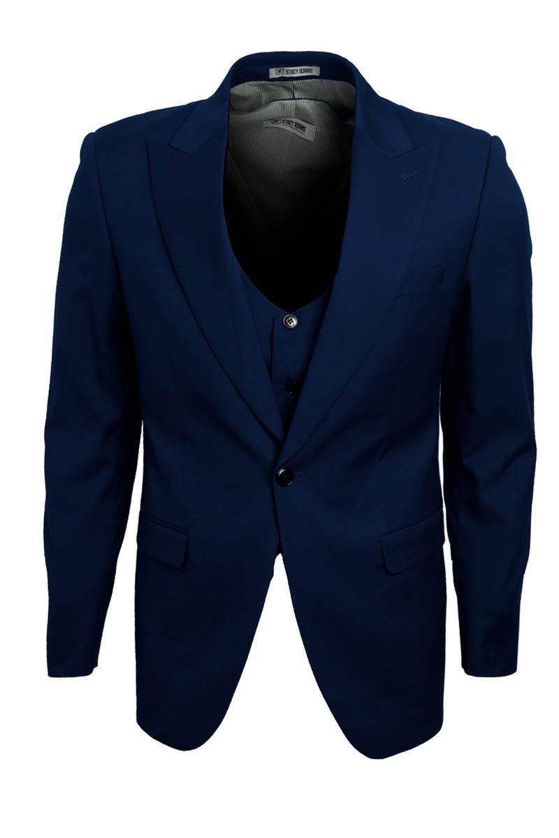 "Men's Vested One-Button Peak Lapel Navy Blue Suit by Stacy Adams" - Elegant Mensattire