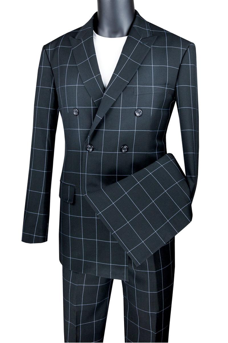 Men's Vinci Double-Breasted Bold Windowpane Plaid Suit in Black - Elegant Mensattire