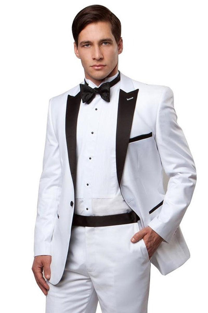 Men's White & Black 1-Button Slim Fit Peak Lapel Wedding Tuxedo by Bryan Michaels - Elegant Mensattire