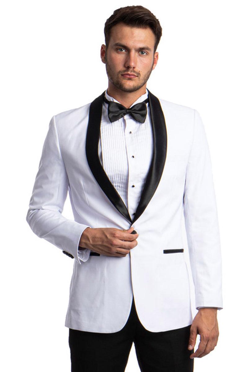 Men's White Azzuro Skinny-Fit Prom Tux with Shawl Collar & One Button Closure - Elegant Mensattire