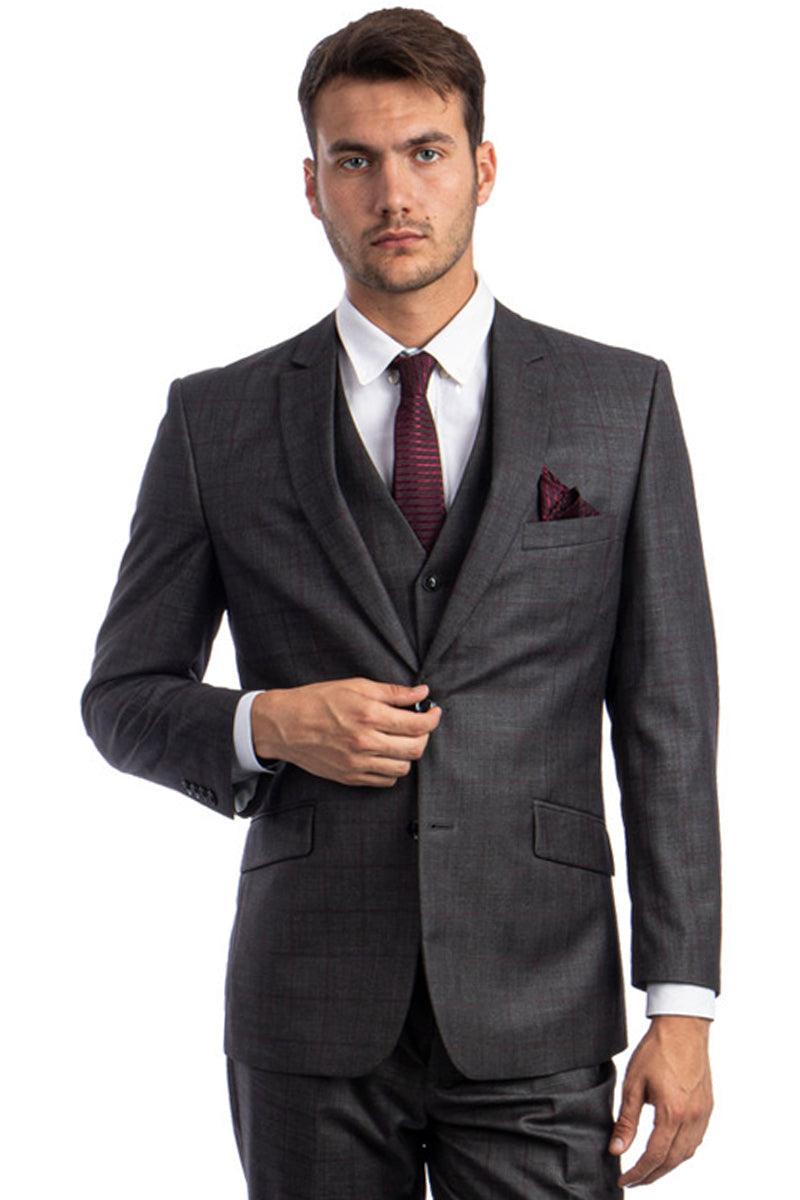 Men's Zegarie Wool Vested Suit, Mesh Modern Fit in Charcoal & Burgundy Windowpane - Elegant Mensattire