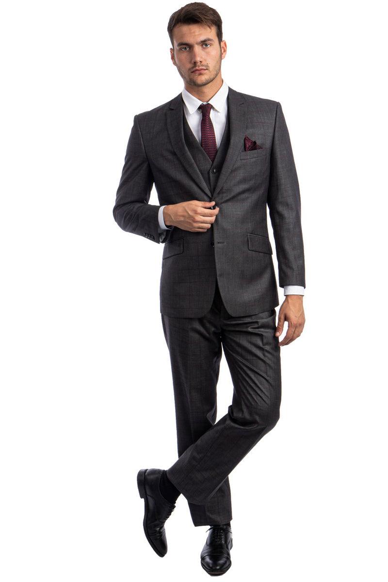 Men's Zegarie Wool Vested Suit, Mesh Modern Fit in Charcoal & Burgundy Windowpane - Elegant Mensattire