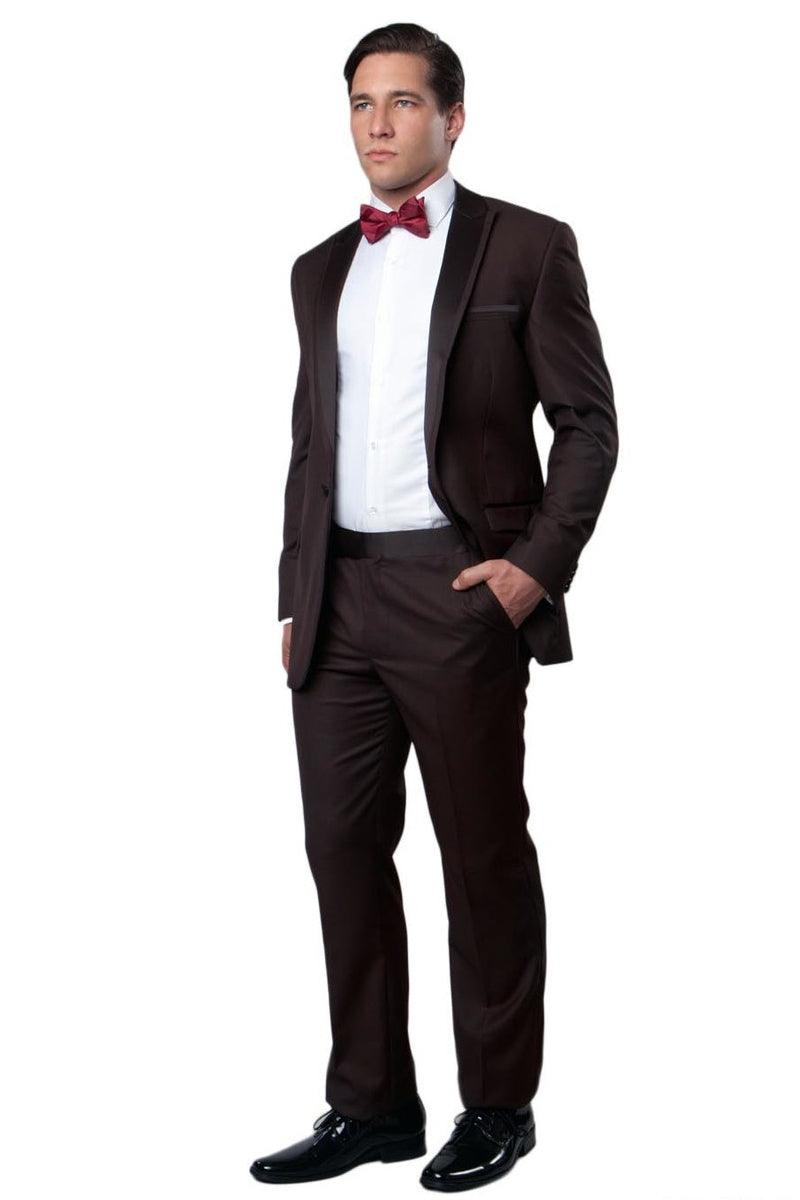 Mens Brown Bryan Michaels Prom Tuxedo w/ Slim Fit, Peak Lapel & Satin Trim - Elegant Mensattire