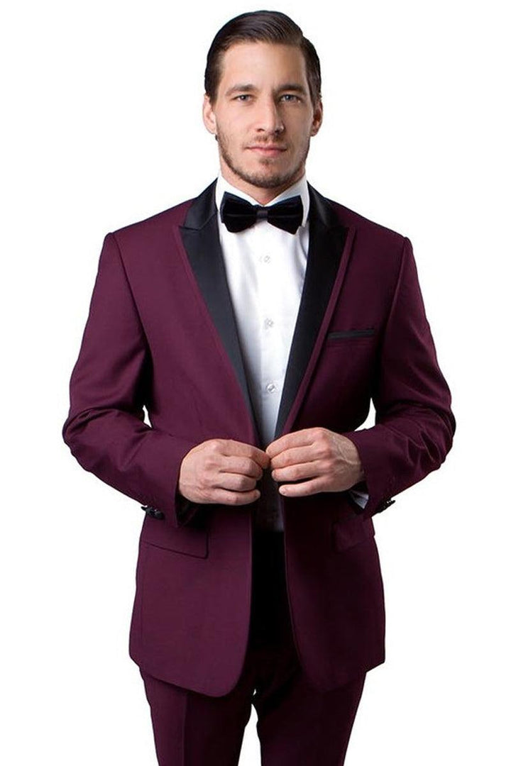 Mens Burgundy Slim Fit Tux with Satin Trim Peak Lapel - Bryan Michaels - Elegant Mensattire